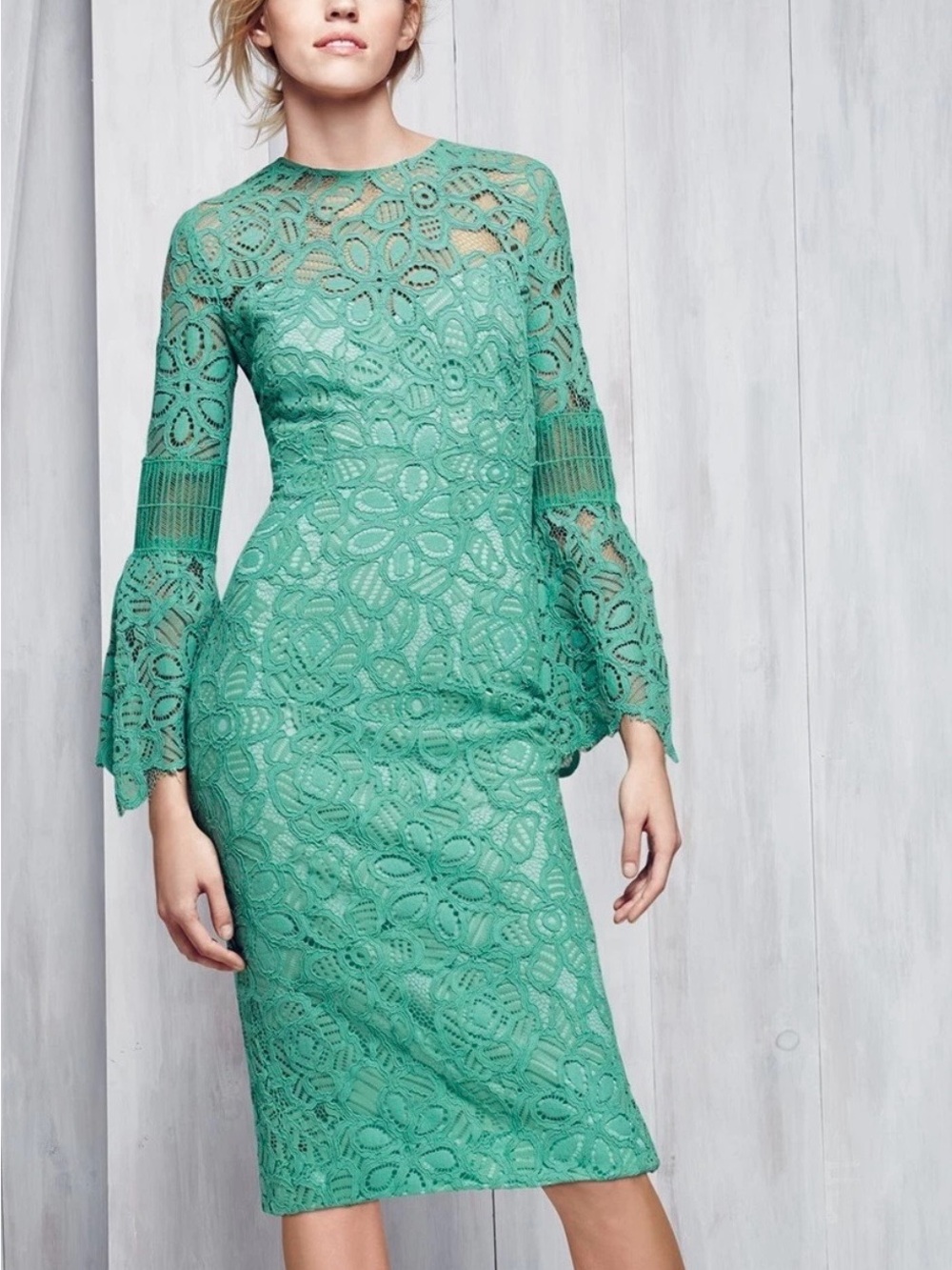 Lela Rose Aqua Green Lace Bell-Sleeve Midi Special Occasion Dress US 6